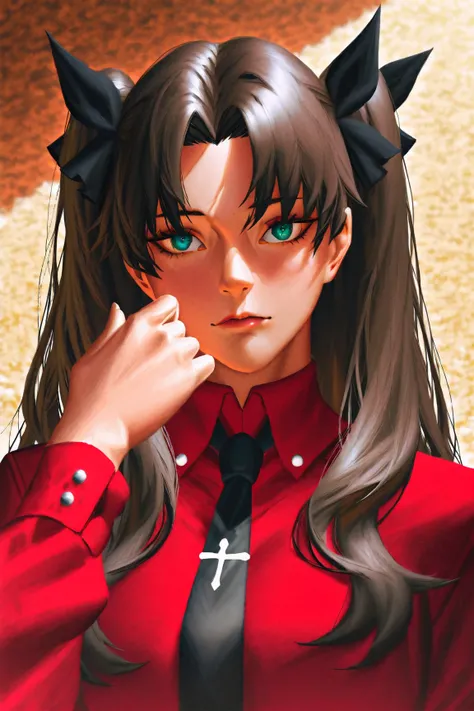 Anime girl wearing a red shirt and black tie taking a photo, Jan J, extremely detailed  ART GEL , Tohsaka Rin,  ART GEL  jsc, guweiz style art,  Beautiful Digital Art ,  ART GEL .  high detail, range murata and  ART GEL , style  ART GEL , ig model |  ART G...