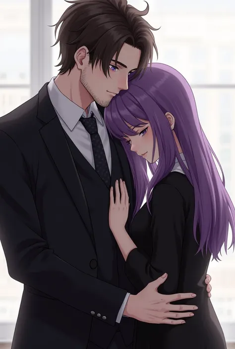 A man putting his hand on the girl's waist. The girl's hair is purple and the man's hair is black to brown. He's wear a black suit and a little bit of beard. She wear a black dress while leaning her head on his shoulder.