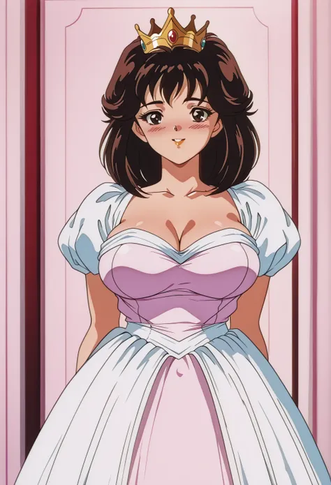 sysdeep_Tomoko,cowboy shot, dark brown hair ,  dark eyes, medium hair ,  Anime Coloring ,  retro art style, glamorous,(Big Breasts:1.3), Princess Dress,crown,(happy smile),(blush),Orange lips