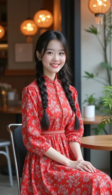 Asian Woman Smile Little Long Hair Straight Braided Little Wear Long Dress Red Patterned Color White Shoes Hig Hil Sitting On Chair Cafe Background Cafe Atmosphere There Are Flower Ornaments Picture Appears Clear Full Body 