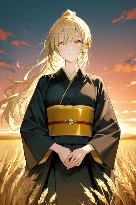   A girl in a kimono is standing up to her waist in a wheat field,  a black kimono with a gold rim , Her hair is in a ponytail ,  yellow eyes, The sunset in her eyes, The light hits her face, Half landscape orientation to the camera