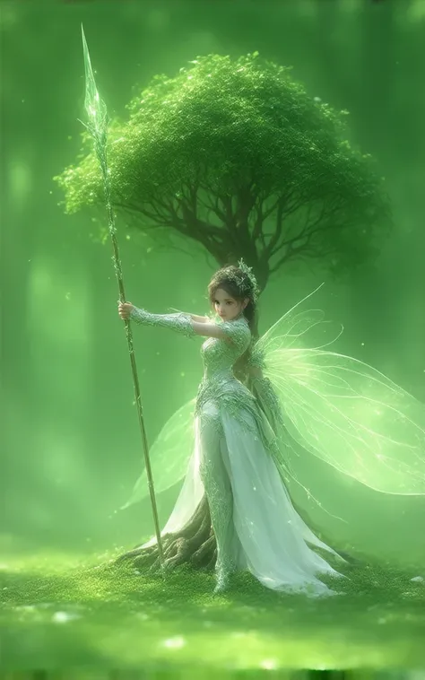 fairy girl armor white and green small tree standing body spear