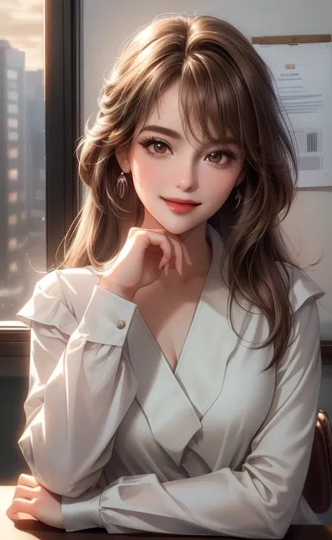 (masterpiece,best quality,ultra_detailed,highres,absurdres), 1 female, 24-ish, female focus, solo, white skin, soft brown long hair (hush cut style), upper body, looking at viewer, smile face, little smile, elegant style, parted lips, long sleeves, hand on...