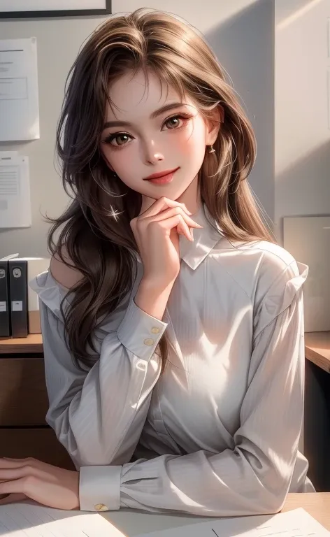 (masterpiece,best quality,ultra_detailed,highres,absurdres), 1 female, 24-ish, female focus, solo, white skin, soft brown long hair (hush cut style), upper body, looking at viewer, smile face, little smile, elegant style, parted lips, long sleeves, hand on...