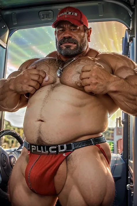 A portrait full body photograph A tractive mid age Japanese, heavy trucker-driver, balg Strong, muscular, hairy big belly bodybuilder, very short hair, very short goatee, huge nice bulge, wearing a very small red jockstrap showing pubis, epic realistic, ph...