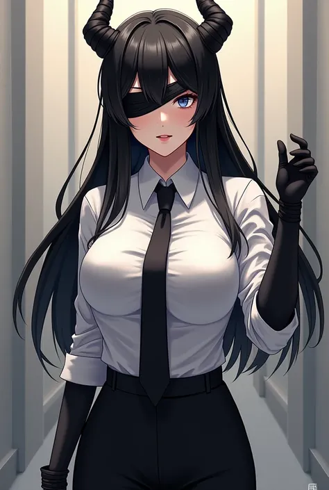 Create an image as a woman , Black hair behind long back, bangs, blindfolded ,There is a black demon horn., with white school shirt, black tie , Pants at the trade, pants in black ,Big pointed teeth ,, black gloves that don't wrap thumbs, big breasts , bot...