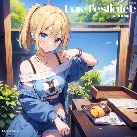 最 high quality、 Highest Quality、​masterpiece、With a girl((18 years old、  Off Shoulder Knit Sweater:1.6、  denim shorts  、Bust 90、Blonde、  Disheveled Ponytail 、 blue eyes、 open their chest wide 、 happy、 Black Wrist Wristband、 pierce a piercing in the ear))、(...