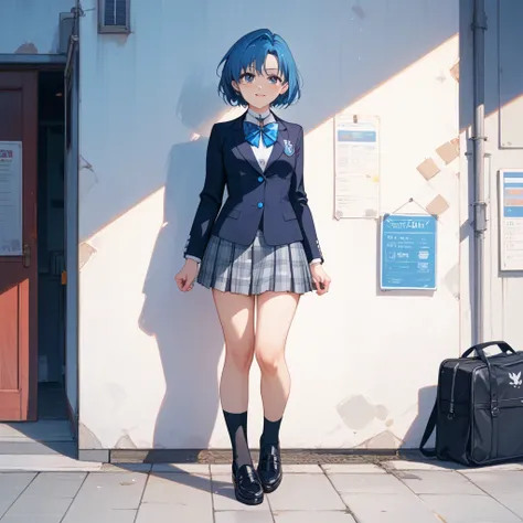 17-year-old girl。solo。 the same appearance as Mizuno Ami called Sailor Mercury。Her hair is blue。 shortcuts。 small breasts。Black blazer with school uniform 。The buttons on the blazer are closed。 。grey plaid skirt。black high socks on both feet。Black Shoes。Ba...