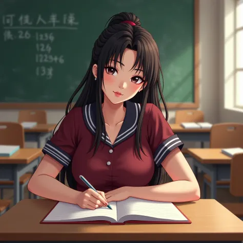 a full-body Asian pretty girl do her homework on Classroom wearing a burgundy school uniform, bare beauty leg, White skin, Large boobs, long messy hair, Chinese young girl, 