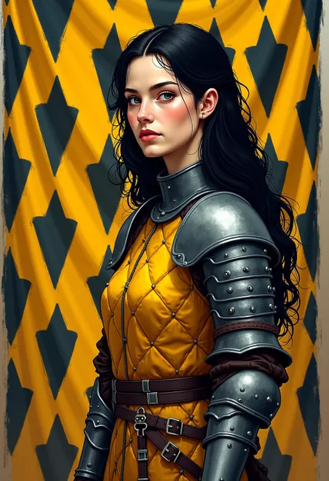 A realistic medieval fantasy portrait of a female knight. She has dark hair and is slender. She is 25 years. Se wears a quilted doublet of black and yellow colored wool and some armor. On the background a large banner with a lozengy pattern of yellow and b...