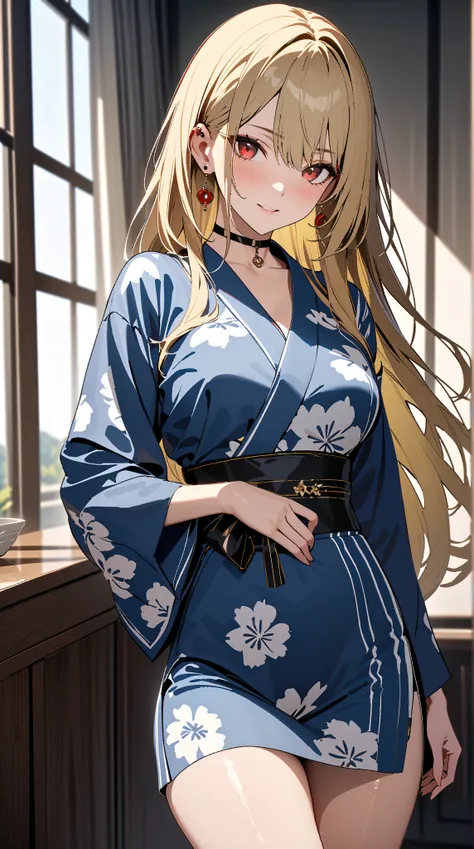 yukata,  cowboy shot left on left thigh ,  kitagawa marine,  1girl , blonde hair, long hair, multicolored hair, red eyes, jewelry, earrings, piercing, black choker, masterpiece:1.5, masterpiece, highest quality, UHD, retina, masterpiece, accurate anatomy, ...