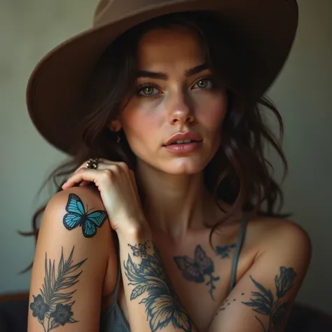 A woman with a western style tattoo
I have a blue butterfly tattoo on my forearm
photorealistic　Detailed Top Quality 