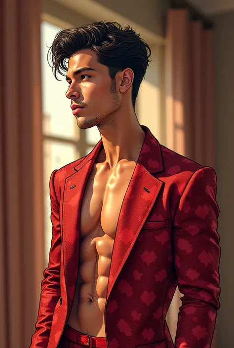 candid  hand-drawn comic-style caricature of  Mixed Latino and Thai male supermodels, early twenty, the design inspired by Depict Lucifer as a charismatic and sophisticated figure dressed, (He wears an open luxurious red patterned suit), semi hard bulge, H...