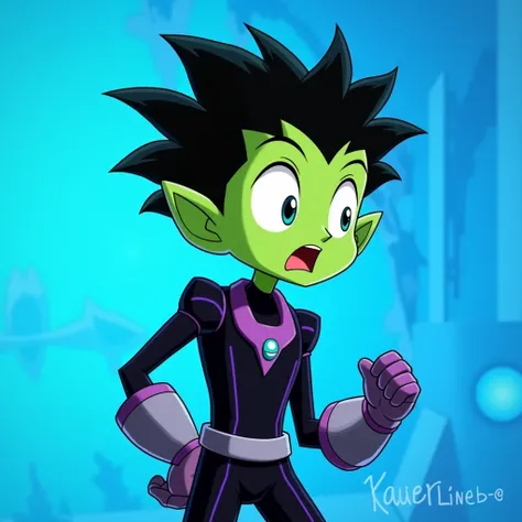 A cartoon character with green skin, pointy ears, and messy short hair. He has a surprised and expressive look, wearing a futuristic black and purple outfit with metallic gloves. The background is bright blue and stylized, resembling a vibrant animated sce...