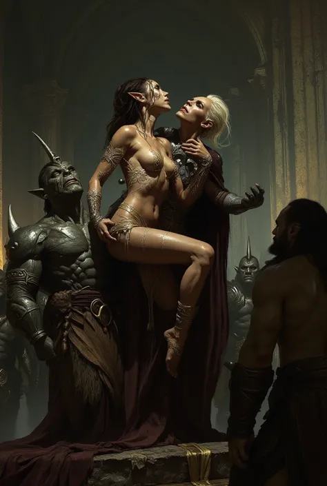 (( Pure erotic scene )),  erotic fantasy style ,  sexy, glamorous naked female elf is held by strength by an orc king. She's raised ,  and she gives him a loving look ,  Other orcs want to take possession of her ,  gathering around her ,  in Frank Frasetta...