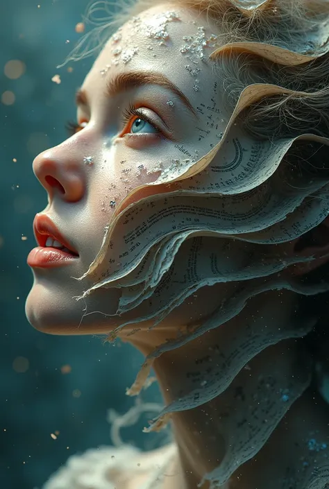 A hyper-realistic portrait dissolving into spiral patterns, half-solid and half-transparent, with multiple layers of reality peeling away like pages. Morphing between human form and cosmic energy, floating in a dreamlike space with subtle mathematical equa...