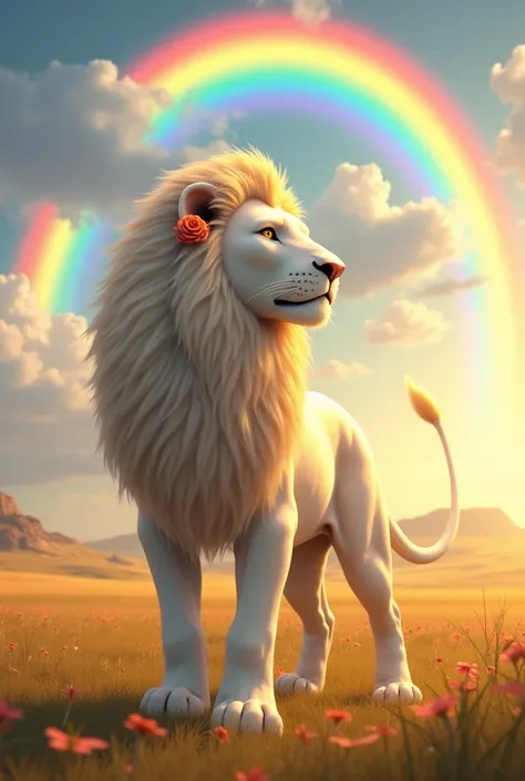 yellow-haired lion with white fur with a rose on its mane in the savanna looking at a rainbow  