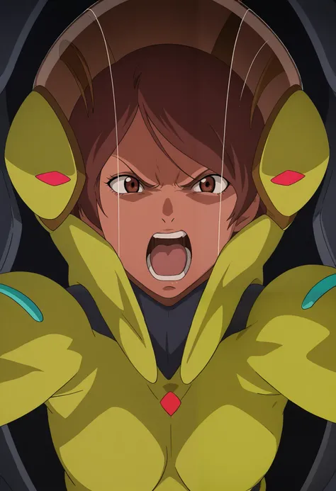 Masterpiece,best quality, anime style,Lessie Adonel  ,space helmet, yellow pilotsuit, Alone、 cockpit in the background、 sits in the cockpit、 angry face、 Screaming with her mouth open 