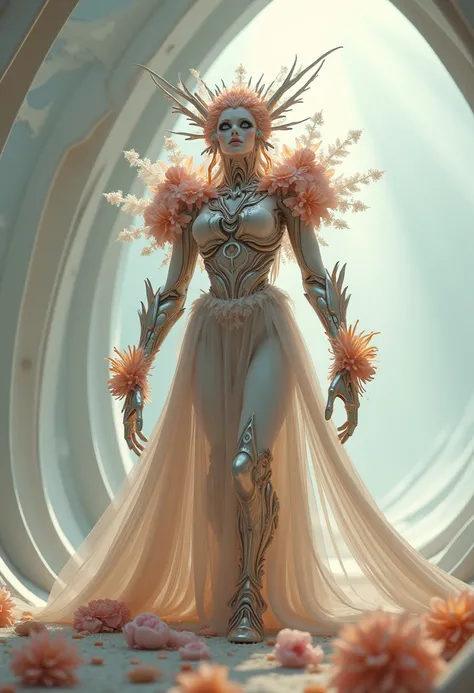    humanoid creature of indescribable love   ,   absolute order   ,  pure creatures   ,   costume, skin, flowers,freedom  ,    cable-stayed white   ,   liquid gold and silver accent  ,    pinnacle of kindness   , Liberation,  oath of pure   ,    creature f...