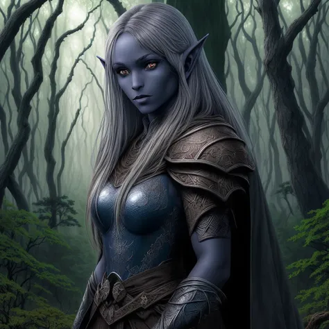 masterpiece, best quality, CG, wallpaper, HDR, high quality, high-definition, extremely detailed, drow, colored skin, dark elf, blue skin, grey skin, pointy ears, cape, armor, looking at viewer, 1girl, forest, dark forest, mythical forest, dimmed light, br...