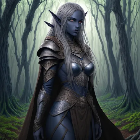 masterpiece, best quality, CG, wallpaper, HDR, high quality, high-definition, extremely detailed, drow, colored skin, dark elf, blue skin, grey skin, pointy ears, cape, armor, looking at viewer, 1girl, forest, dark forest, mythical forest, dimmed light, br...