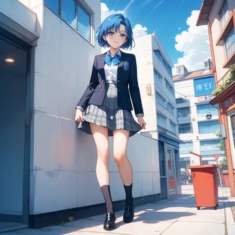 17-year-old girl。solo。 the same appearance as Mizuno Ami called Sailor Mercury。Her hair is blue。 shortcuts。 small breasts。Black blazer with school uniform 。The buttons on the blazer are closed。 。grey plaid skirt。black high socks on both feet。Black Shoes。Ba...