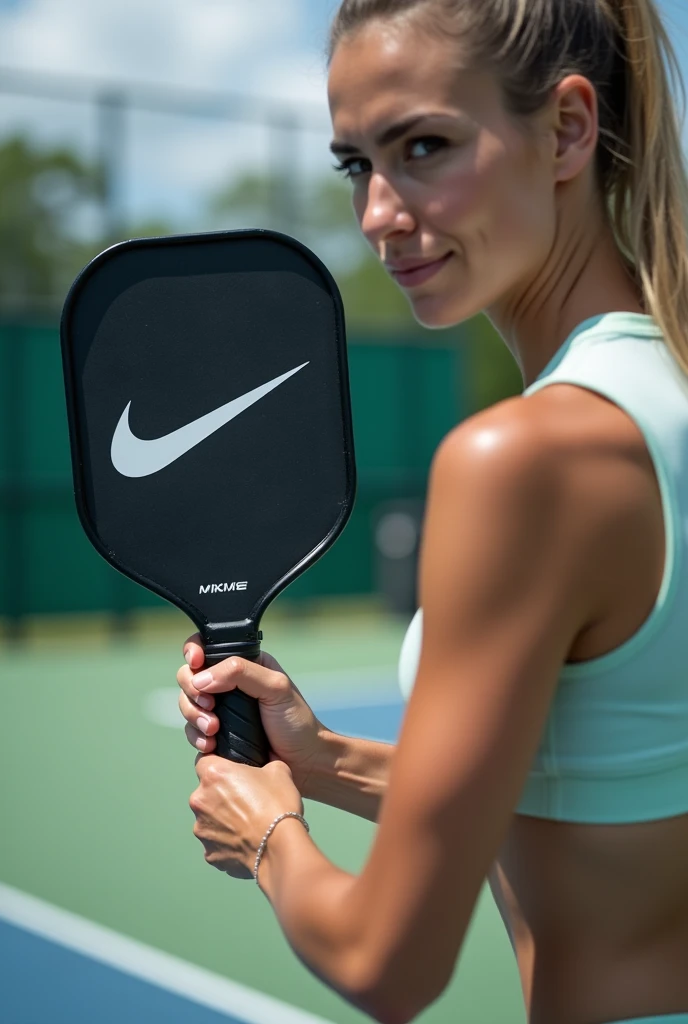  A  holding a pickleball is better than yeah，The brand on the racket is Nike 
