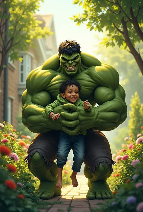 Super hero hulk is playing with his son in the home garden