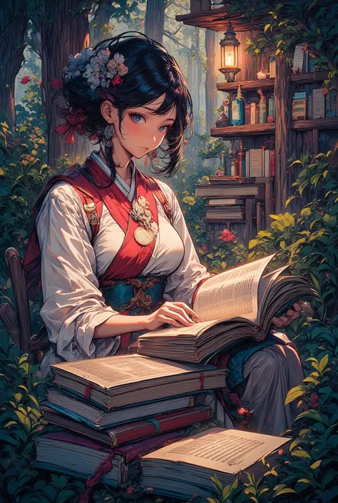 1 girl,Read,A captivating illustration of a stack of books nestled together, forming a mini library in a cozy, natural setting. Each book is meticulously drawn with visible texture and detail, as if they beckon to be read. The soft, warm glow of the settin...