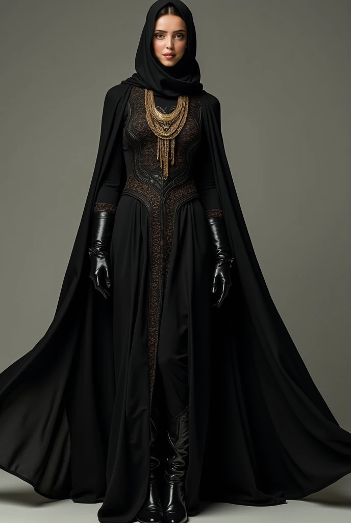 A beautiful woman with fair skin and a perfect figure, elegantly dressed in a black niqab that gracefully covers her face, pairs it with a long black warrior abaya adorned with intricate designs on the inside, flowing dramatically in the wind. Her ensemble...