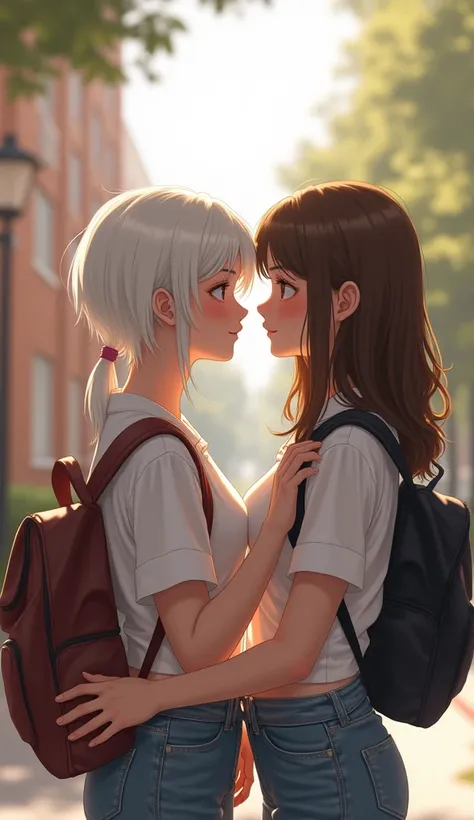 A semi-realistic or hyper-realistic art style cover photo featuring a college campus as the background. Two college girls are in the foreground, creating a romantic atmosphere. The slightly taller girl has white styled shaggy hair-cut with mullet and wears...