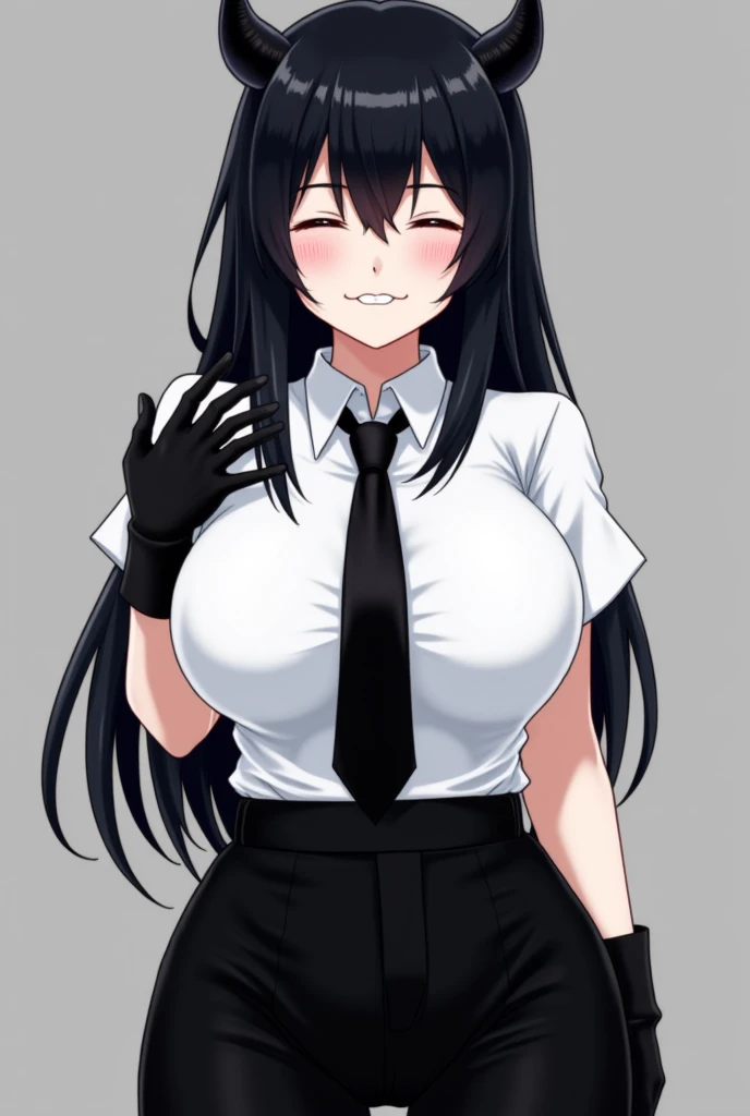 Create an image as a woman , black hair,There is a black demon horn., with white school shirt, black tie ,Big pointed teeth ,, black gloves that don't wrap thumbs, big breasts , bottoms, only black pants,anime,, big breasts ,, big breasts , No Pants , with...