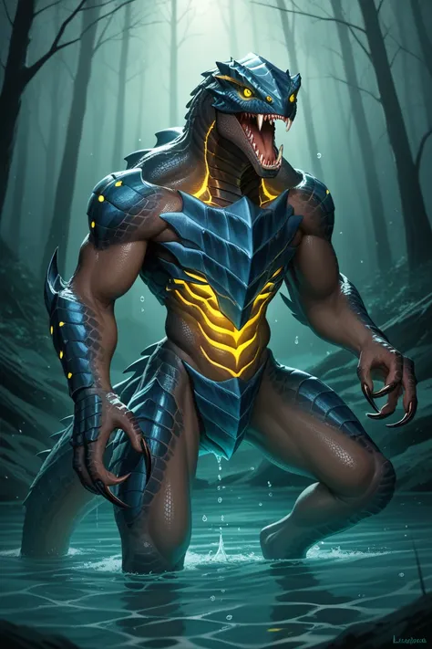 1creature, caboclo-d'água, mythical being, brazilian folklore, humanoid reptilian, muscular build, (dark scaly skin:1.2), (sharp claws:1.2), (glowing yellow eyes:1.3), (large fangs:1.3), eerie expression, water droplets on skin, amphibious, (impenetrable a...