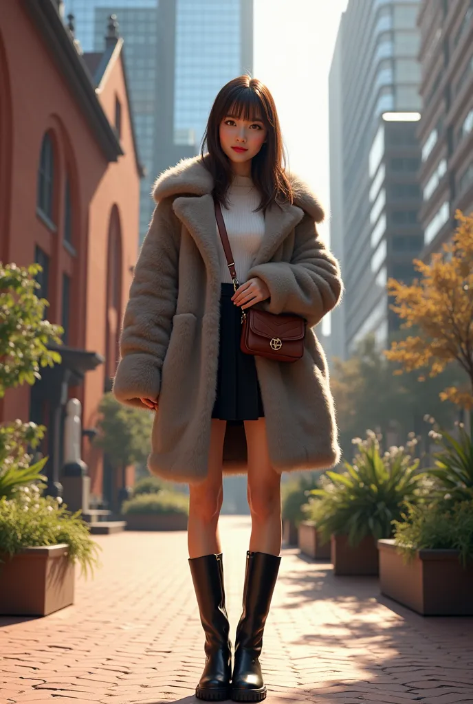 A25-year-old Japanese woman with a well-groomed face and large eyes that are characteristic and very beautiful

A hyper-realistic digital painting of a stylish young woman standing in an urban garden surrounded by modern skyscrapers and historic brick buil...