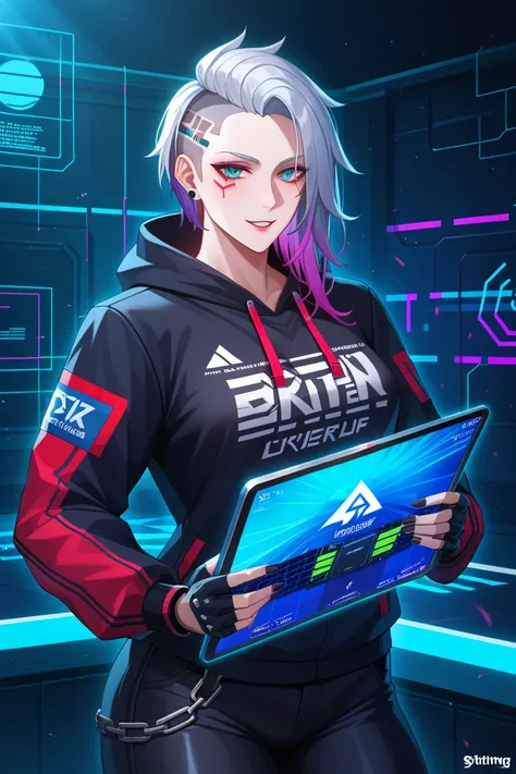 ((Masterpiece)), ((Ultra-detailed logo design)), ((8K resolution)), ((Esports branding style)), BREAK — A **dynamic logo featuring Luna, a rebellious street hacker**, captured in a **confident stance, holding a holographic tablet emitting neon data streams...