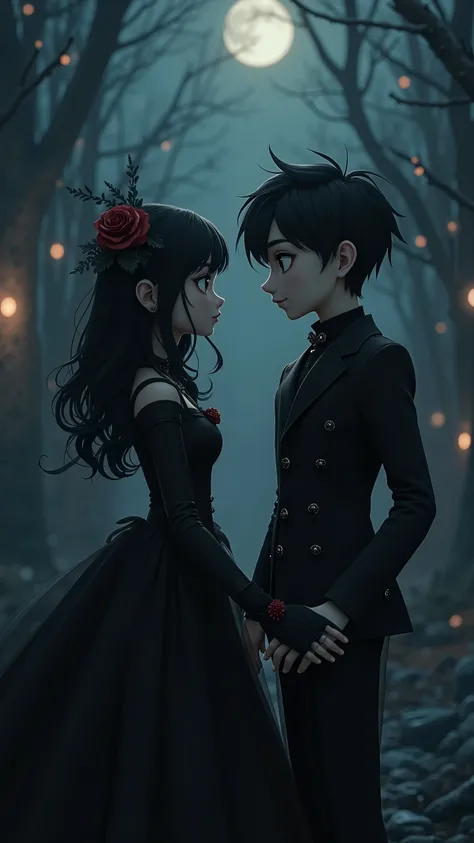 anime:1.5, (a straight anime couple: 1.5, dark style, large eyes, Small pieces, spongy black fur), (dark gothic, Victorian Gothic Steampunk Style), Dark, ambiente oscuro con decoraciones de calaveras 32K, Fairy tale: 1.4, camera cut: 1.4, ((dream atmospher...