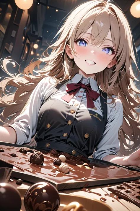 1 girl, 18yo, ( Marisa Kirisame ),  masterpiece,  high resolution,  Modern Cafe, serve to order, chocolate, cocoa ribbon, chocolate ball, flowing chocolate, , magical chocolate trails,  
,  Hi-Res,  high quality,  high detail,  very detailed,  textured ski...