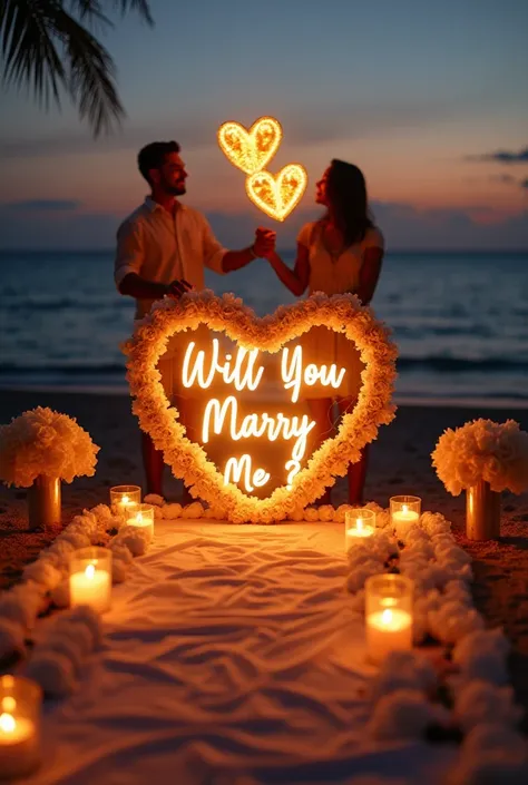 There are two hands throwing two yellow floating lights with sun prints it's a beach a marriage proposal on the beach at sunset. in the center, there is a big heart made of white flowers with a neon sign inside that says “Will You Marry Me ?” and has candl...