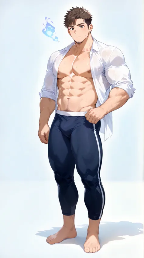 Full Body, Handsome Muscular Bara Hunk, Youthful Muscular Boy, Wearing Wide Open Shirt with Front Torso Including Side Pecs and Midriff fully Exposed, Wide Body, Tight Cropped Pants Showing Smooth Leg's Calves, Very Hot and Pretty Boy