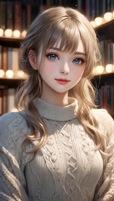  Fine Art , Teenage Girl,  very detailedな顔と目, (( gentle gaze , Gentle smile)),  bust shot,  beautiful eyes in every detail, Beautiful lips down to the last detail,  very detailedな顔,  Long Lashes,  knitted dress in the bookstore, Scenery of the city, (( hig...