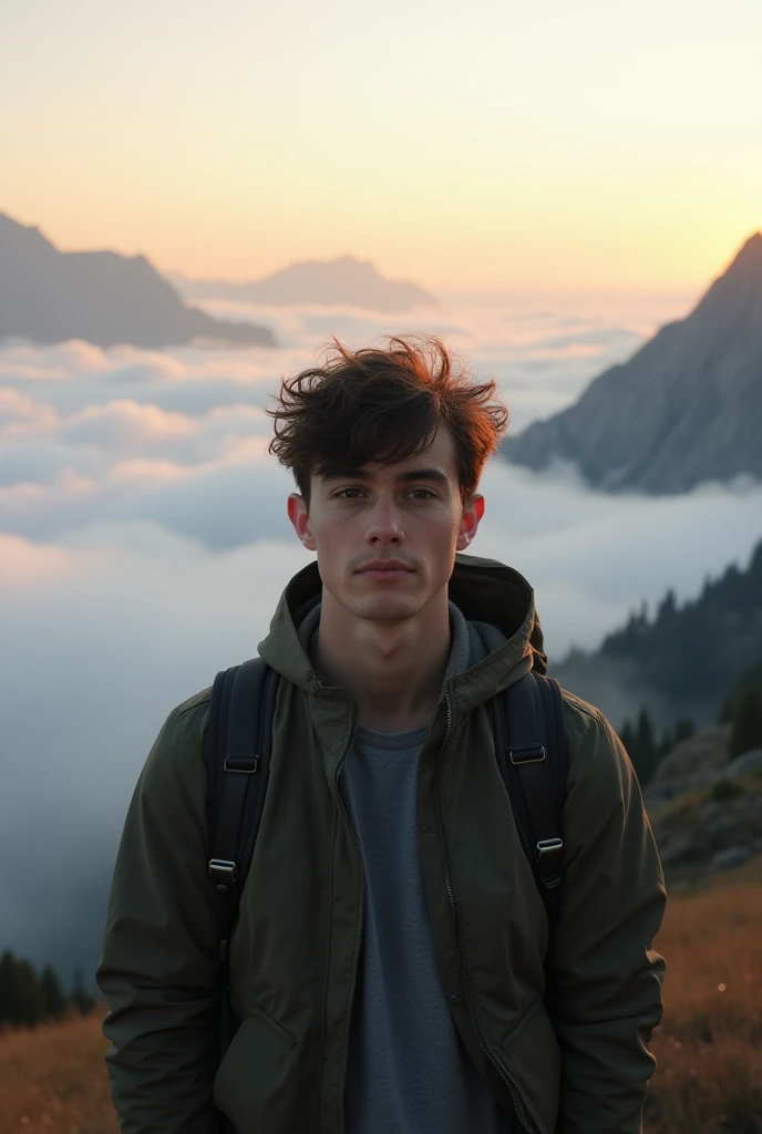 
"A 20-year-old young man stands in a mountainous region, facing forward with his head slightly tilted. His facial features are not clearly visible, allowing for customization. Behind him, a vast sea of clouds stretches across the sky, creating a dreamy an...