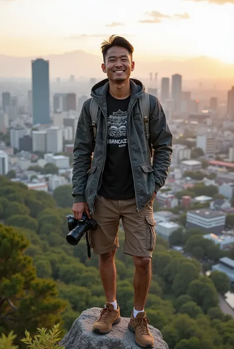 A 35-year-old Indonesian man with neat black hair, wearing a black t-shirt with a doodle design that says 'Bangsen', a gray parka jacket with an army pattern, brown cargo shorts, and brown hiking shoes. He also carries a gray backpack and holds a DSLR came...