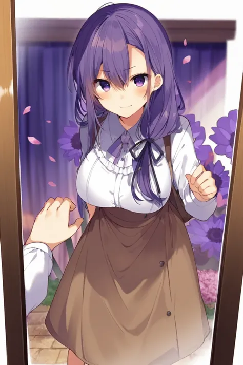 mishima kurone,{best quality}, {very aesthetic}, {ultra-detailed}, {best illustration},{missing fingers},{{{Purple hair color}}},long hair,large breasts,{{{Purple eyes and mirror-like corneas}}},Elongation of about 160 cm,hair over shoulder,wispy bangs,{{{...