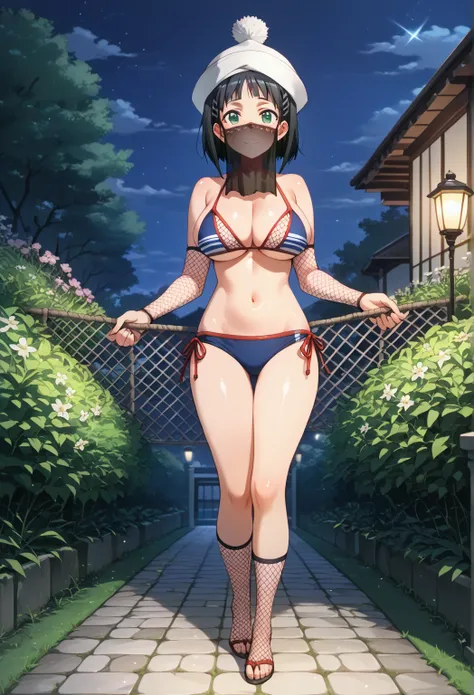 1girl, suguha kirigaya, short hair, black hair, hair ornament, hairclip, green eyes, huge breast, (full body fishnet:1.5), mouth veil, (monk's hat:1.2), bikini, stripe bikini, strings bikini, (bursty breasts:1.2), blush, smile, (breast focus:1.2), (shiny s...