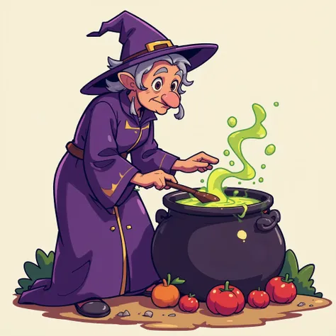  simple background、The Witch Who Makes Poisonous Soup、The witch is an old woman 、 robe、 Cartoon Designs 、 Simple Illustrations、 detailed illustration、Thick Line、 Clear Lines 、Clear Colours 、