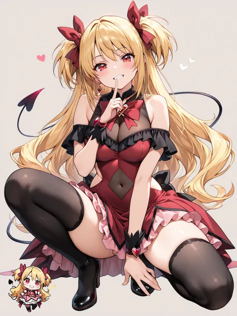 ((masterpiece, best quality, extremely detailed)), 1girl, (chibi, chibi only), blonde hair, long hair, red eyes, demon girl, fluffy, (magical girl, off-shoulder dress, sleeveless dress, navel cutout, see-through navel, side cutout, see-through cleavage, fr...