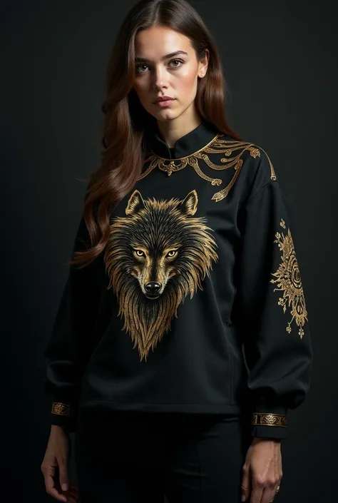 Make a black blouse with some gold details and a wolf in the middle