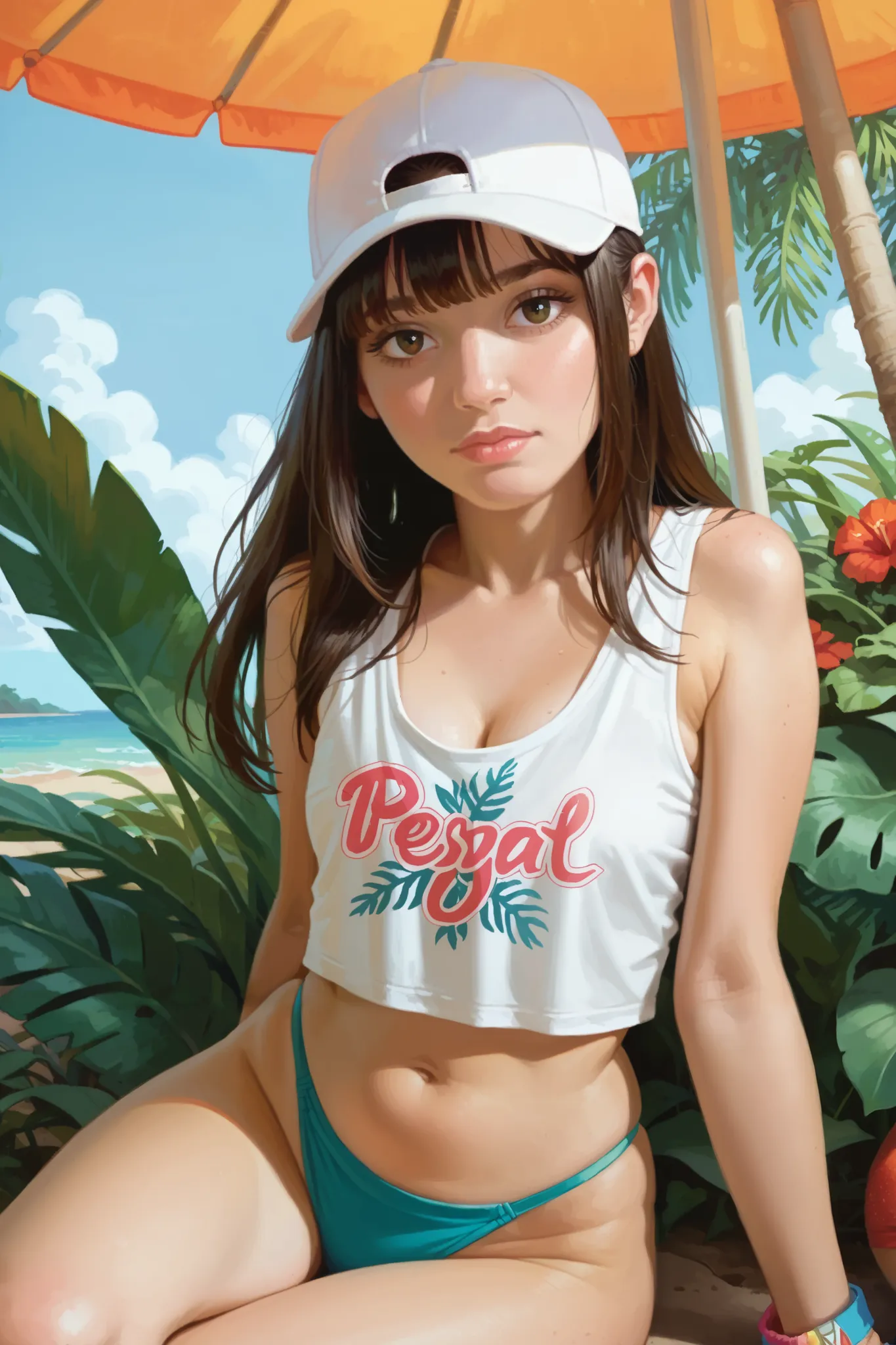  score_9, score_8_up, score_7_up,1girl,  long straight hair with bangs, baseball cap, ( cropped  tank top), thong, Cleavage,  sitting on a tropical beach