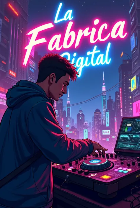  Drawing that represents a person who likes music 
With a DJ console, with a background map with Neon lights that read LA FABRICA DIGITAL 