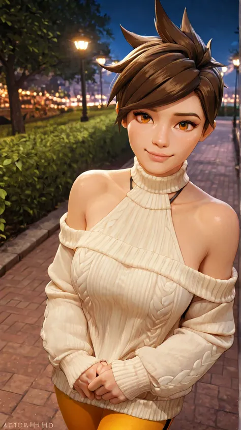 tracer from overwatch, wearing sweater halter neck, while enjoying night time in park with street lights illuminating it from above, park background at night, 4k HD resolution, 3d realistic style